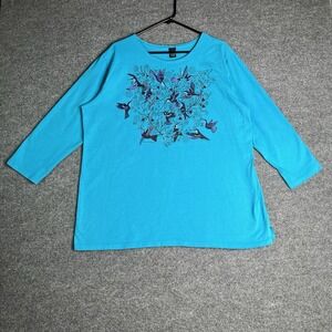 Sabaku Artwear‎ Bouquet Of Hummingbirds Top XL Blue Artsy 3/4 Sleeve
